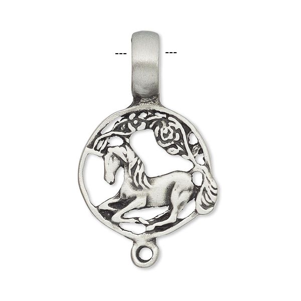 Pendant, antiqued pewter (tin-based alloy), 31x20mm round with horse and loop. Sold individually. image number 0
