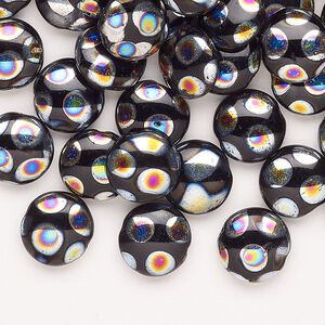 Bead glass 54pk 10mm puffed flat round dots, silver AB opaque black