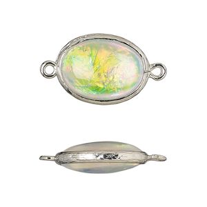 Link, Opalized Ice™, "opal" (resin) and imitation rhodium-finished brass, opaque white, 20x15mm double-sided oval. Sold per pkg of 4.