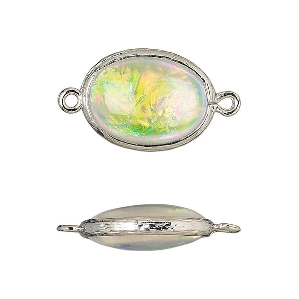 Link, Opalized Ice™, "opal" (resin) and imitation rhodium-finished brass, opaque white, 20x15mm double-sided oval. Sold per pkg of 4. image number 0