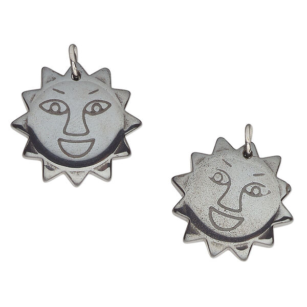 Hemalyke™ / "pewter" (zinc-based alloy) 1pkg2, silver-finished 1-sided carved sun drop 23mm image number 0