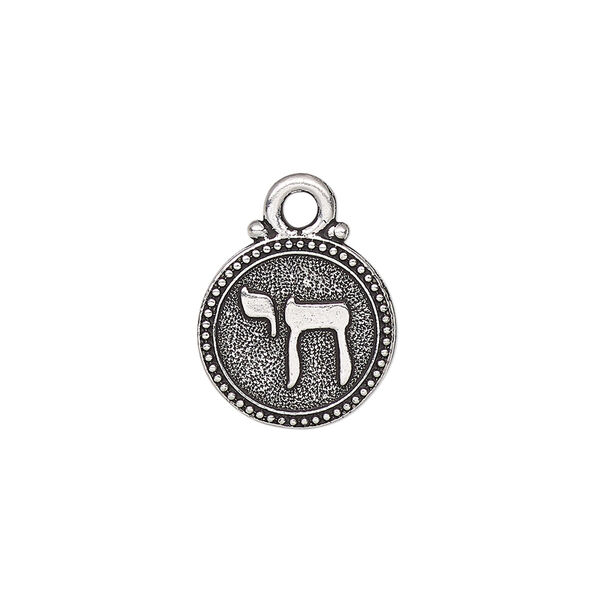 Drop, TierraCast®, antique silver-plated pewter, 14.5mm single-sided beaded round with chai. Sold per pkg of 20. image number 0