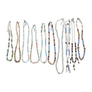 Necklace mix, cat's eye glass (fiber optic glass) / acrylic / silver-coated plastic / glass / steel, multicolored, 4mm-22x14mm multi-shape, 16-26 inches with lobster claw clasp and 2 to 3-inch extender chain. Sold per pkg of 10.