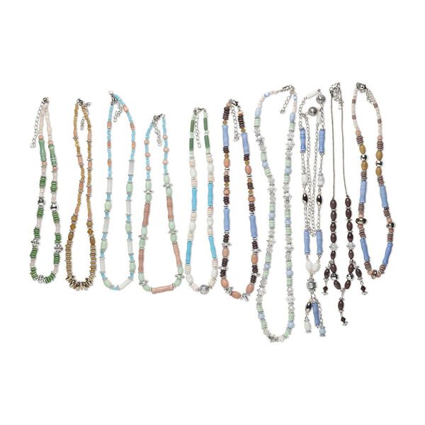 Necklace mix, cat's eye glass (fiber optic glass) / acrylic / silver-coated plastic / glass / steel, multicolored, 4mm-22x14mm multi-shape, 16-26 inches with lobster claw clasp and 2 to 3-inch extender chain. Sold per pkg of 10. image number 0