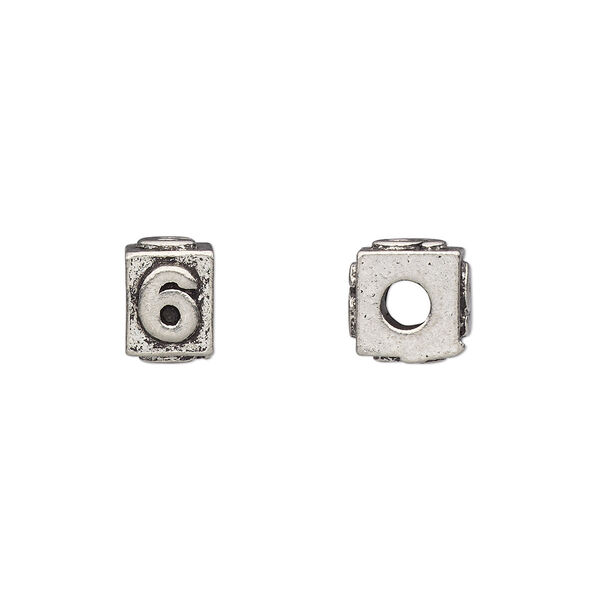 Bead, antiqued pewter (tin-based alloy), 8x6mm rectangle with number "6." Sold per pkg of 4. image number 0