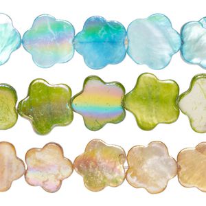 Bead mix, mother-of-pearl shell (bleached / dyed), multicolored AB, 14x13mm-16x15mm flat flower and flat stars with 0.4-0.6mm hole, Mohs hardness 3-1/2. Sold per pkg of (3) 15-inch strands.