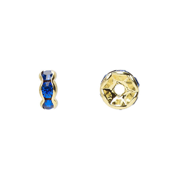 Bead, glass rhinestone and gold-finished brass, sapphire blue, 8x4mm rondelle. Sold per pkg of 10. image number 0