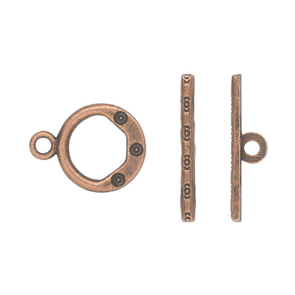 Clasp, toggle, antique copper-plated "pewter" (zinc-based alloy), 13mm single-sided round. Sold per pkg of 20. image number 0