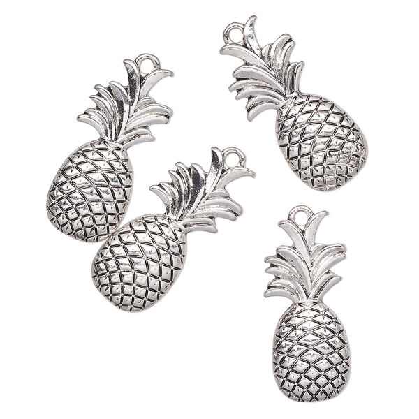 Charm, antique silver-finished "pewter" (zinc-based alloy), 28x13mm pineapple. Sold per pkg of 4. image number 0