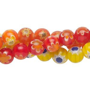 Bead, millefiori glass, translucent red, orange and multicolored, 8mm round. Sold per pkg of (3) 14-inch strands.