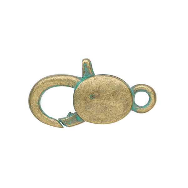 Clasp, lobster claw, antique brass-plated "pewter" (zinc-based alloy), green patina, 24.5x12.5mm double-sided with smooth oval design. Sold per pkg of 6. image number 0