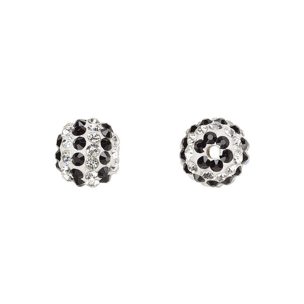 Bead, Egyptian glass rhinestone / epoxy / resin, white / clear / black, 10mm round with pavé striped design. Sold individually. image number 0