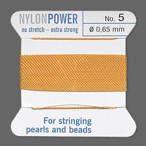 Thread, Griffin, nylon, amber yellow, size #5. Sold per 2-meter card (approximately 78 inches).
