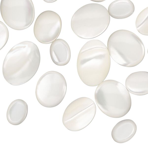 Cabochon, mother-of-pearl shell (bleached), 8x6mm-14x10mm non-calibrated oval, Mohs hardness 3-1/2. Sold per pkg of 20. image number 0
