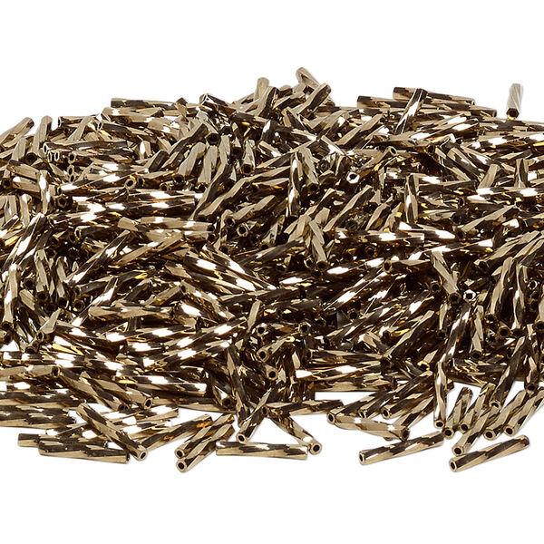 Bead, Miyuki, bugle bead, glass, pkg/50 g, 12x2mm center-drilled twisted, opaque dark gold, (TW-457). image number 0