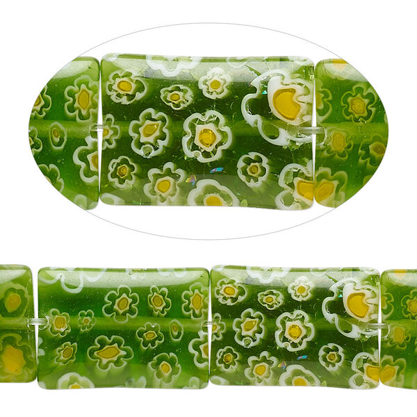 Bead, millefiori glass, translucent green / white / yellow, 18x13mm puffed rectangle with 0.6-0.8mm hole. Sold per 15-inch strand. image number 0