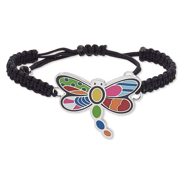 Bracelet, enamel / waxed cotton cord / stainless steel, multicolored, 42x34mm dragonfly, adjustable from 6-1/2 to 8-1/2 inches with macramé knot closure. Sold individually. image number 0