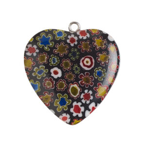 Focal 1pkg1, silver-finished steel / millefiori glass, opaque / translucent black / multicolored, 29-31mm puffed heart.