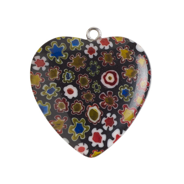 Focal 1pkg1, silver-finished steel / millefiori glass, opaque / translucent black / multicolored, 29-31mm puffed heart. image number 0