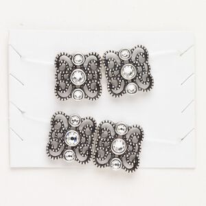 Bead spacer brass 4pk 16x15mm, fancy square, antique silver finish clear