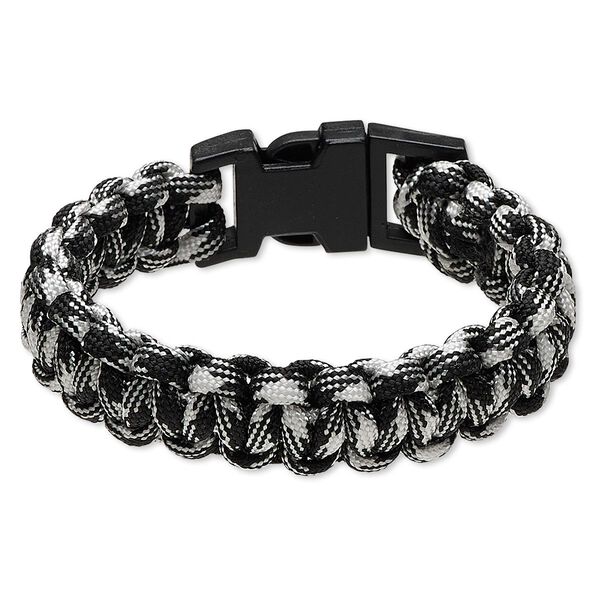 Bracelet, nylon paracord and plastic, black and white, 18mm wide survival with camo design, 7 inches with buckle clasp. Sold individually. image number 0