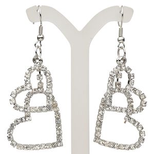 Earring, Everyday Jewelry, glass rhinestone / imitation rhodium-finished brass / steel, clear, 2-1/2 inches with 38x29mm double heart and fishhook ear wire. Sold per pair.