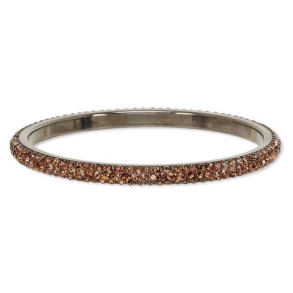 Bracelet, bangle, epoxy / Preciosa glass rhinestone / gunmetal-plated brass, black and smoky topaz, 6mm wide, 2-3/4 inch inside diameter. Sold individually. image number 0