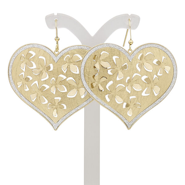 Earring, gold-finished brass, silver with glitter, 2 inches with scratched heart and punched flower design with fishhook ear wire. Sold per pair. image number 0