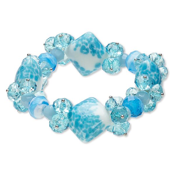 Bracelet, stretch, acrylic / glass / lampworked glass, light blue / blue / white, 26mm wide with square, 6-1/2 inches. Sold individually. image number 0