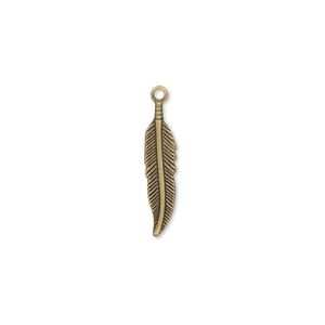 Charm, antique gold-plated brass, 18x4mm single-sided feather. Sold per pkg of 500.