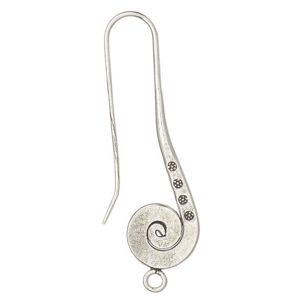 Ear wire, Hill Tribes, antiqued sterling silver, 47mm fishhook with flat spiral and stamped flower design with closed loop, 16 gauge. Sold per pair. image number 0