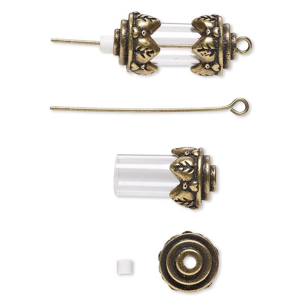 Drop, acrylic and antique brass-finished brass and "pewter" (zinc-based alloy), clear, 24x12mm with 15x8mm round tube and removable ends, 1-1/2 inch eye pin. Sold per pkg of 2. image number 0