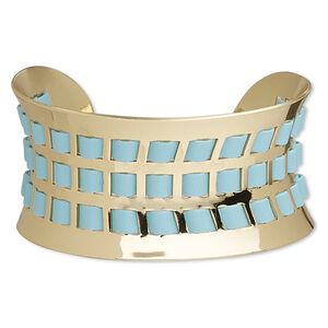 Bracelet, cuff, polyester and gold-finished steel, light blue, 36mm wide, 7 inches. Sold individually.
