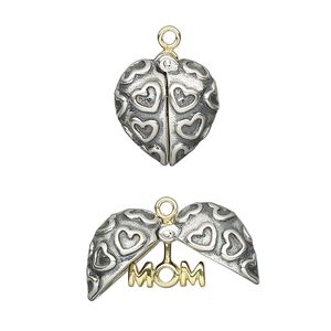 Charm, antiqued and gold-finished sterling silver, gold 15x13.5mm single-sided winged puffed heart with heart design and inner heart with "MOM." Sold individually.