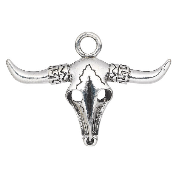 Focal, antique silver-plated "pewter" (zinc-based alloy), 49x28mm single-sided bull skull. Sold per pkg of 4. image number 0
