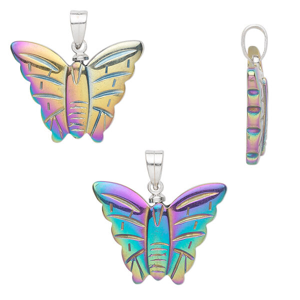 Pendant, Hemalyke™ (man-made) and silver-plated brass, rainbow coating, 25x20mm butterfly. Sold individually. image number 0