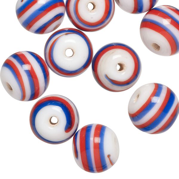 Bead, lampworked glass, opaque red / blue / white, 12mm round. Sold per pkg of 10. image number 0