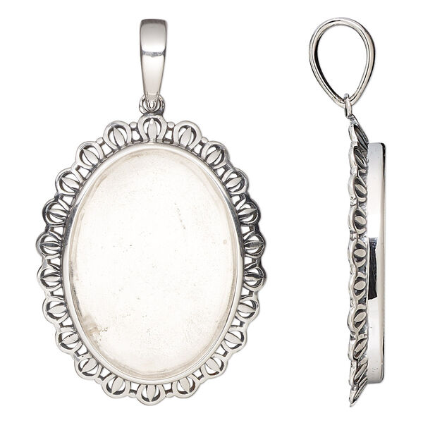 Pendant, antiqued sterling silver, 32.5x25.5mm oval with fancy rim and 25x18mm oval bezel setting. Sold individually. image number 0