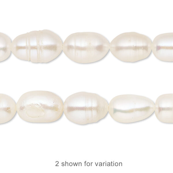 Pearl, cultured freshwater (bleached), white, 7-9mm rice, D grade, Mohs hardness 2-1/2 to 4. Sold per 15-inch strand. image number 0
