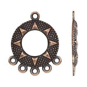 Drop, antique copper-finished "pewter" (zinc-based alloy), 24mm single-sided slightly domed open beaded round with sun design and 5 closed loops. Sold per pkg of 10.