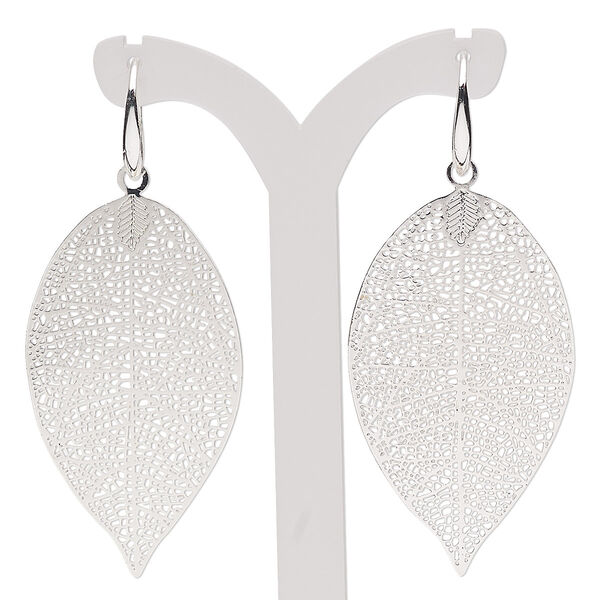 Earring, silver plate brass, 2-1/2 inches with textured leaf and fishhook ear wire. Sold per pair. image number 0