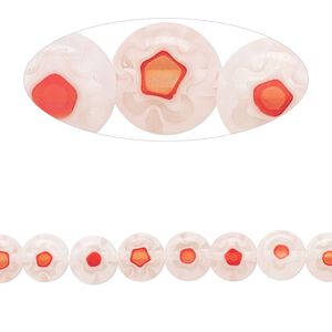 Bead, millefiori glass, translucent red / white / clear, 6mm puffed flat round with flower and design. Sold per 14-inch strand.