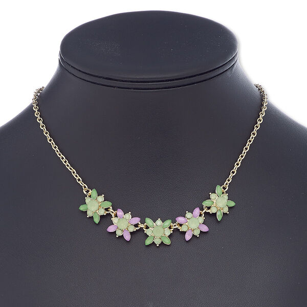 Necklace, acrylic / glass rhinestone / gold-finished steel / "pewter" (zinc-based alloy), green / light green / purple, 17x17mm flower, 16 inches with 2-inch extender chain and lobster claw clasp. Sold individually. image number 0