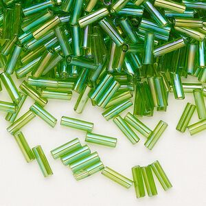 Bead, Preciosa Ornela Czech glass, bugle bead, pkg/500g, 1/4 inch, rainbow translucent lime green, (51430).