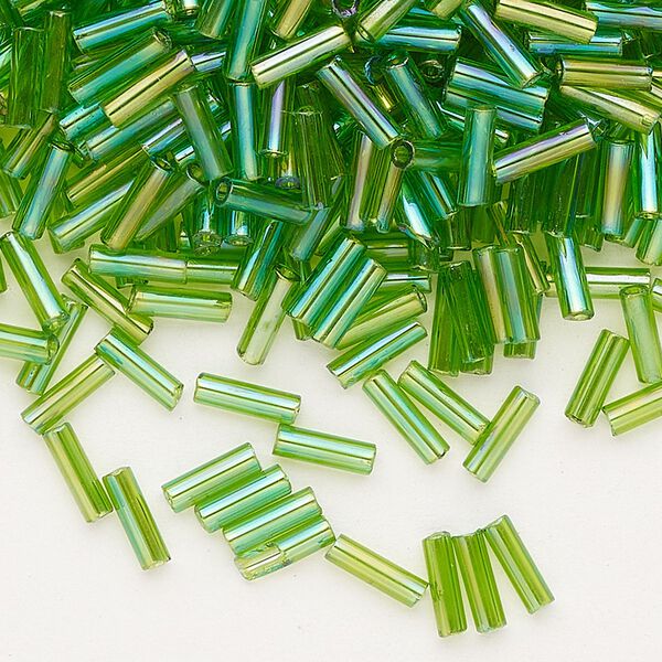 Bead, Preciosa Ornela Czech glass, bugle bead, pkg/500g, 1/4 inch, rainbow translucent lime green, (51430). image number 0