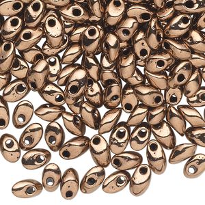 Seed bead, Miyuki, glass, pkg/10g, 7x4mm long magatama, opaque metallic antique gold (LMA-457).