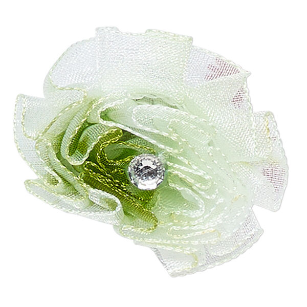 Ring, organza / acrylic rhinestone / silver-finished steel, white / green / clear, 30x30mm-35x35mm flower, adjustable. Sold individually. image number 0