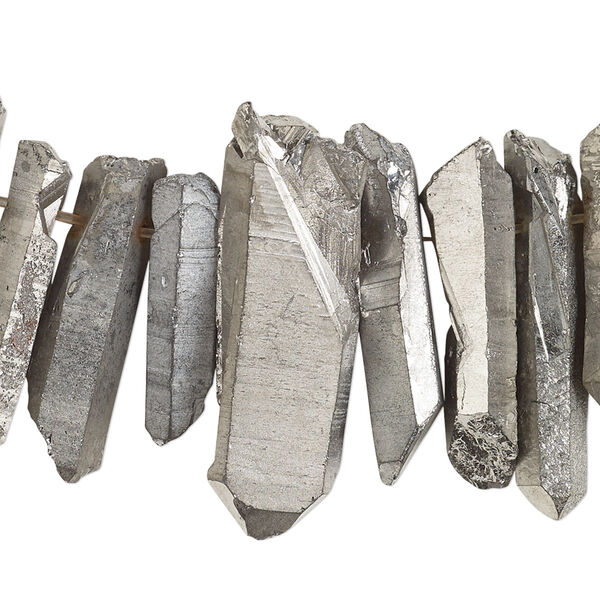Bead, electroplated quartz crystal (coated), silver, 15x4mm-35x8mm hand-cut top-drilled natural point, B grade, Mohs hardness 7. Sold per 4-inch strand, approximately 15 beads. image number 0
