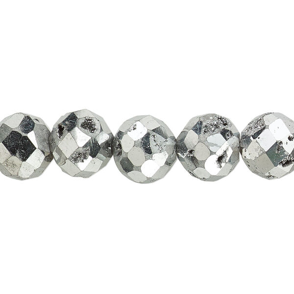 Bead, electroplated druzy agate (coated), silver, 10mm faceted round, B grade, Mohs hardness 6-1/2 to 7. Sold per 8-inch strand, approximately 20 beads. image number 0