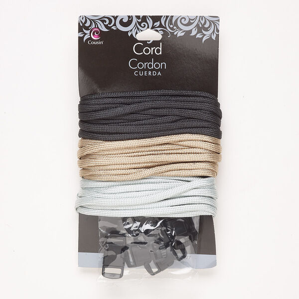 Cord and clasp mix, nylon and plastic, black / tan / grey, 4mm flat and 30x15mm clasps. Sold per 7-piece set. image number 0